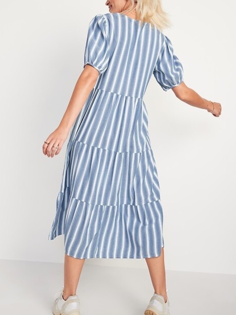Old Navy Puff-Sleeve Tiered Striped Midi Swing Dress - Picture 3 of 8